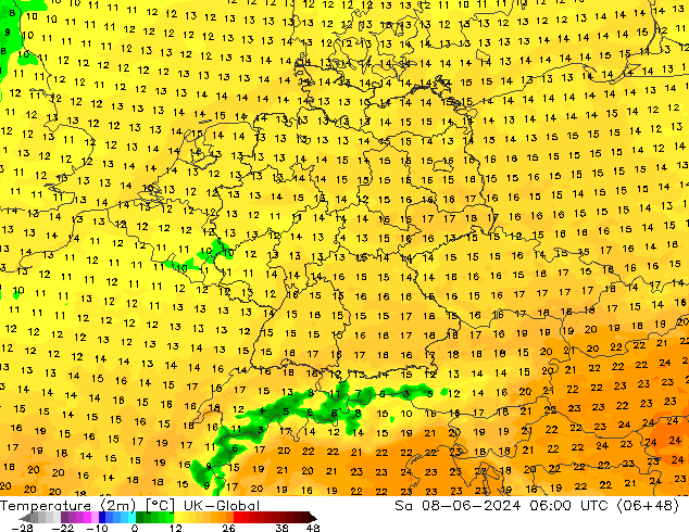 Temperature (2m) UK-Global Sa 08.06.2024 06 UTC