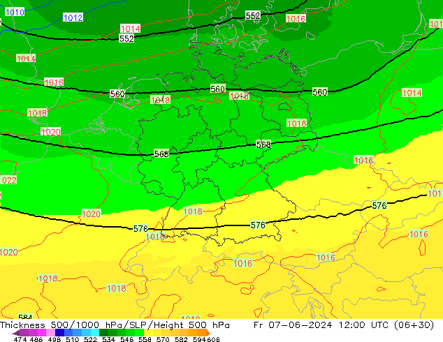 Espesor 500-1000 hPa UK-Global vie 07.06.2024 12 UTC