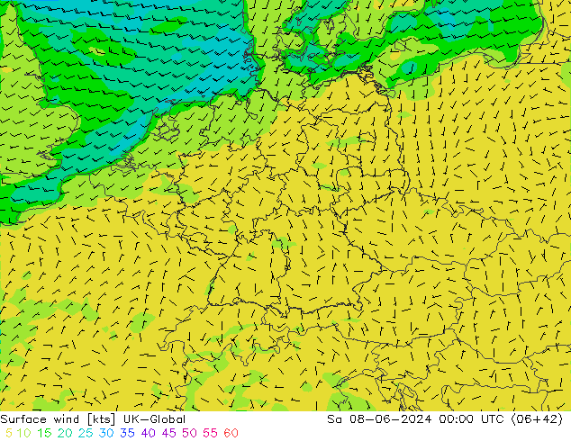 Wind 10 m UK-Global za 08.06.2024 00 UTC