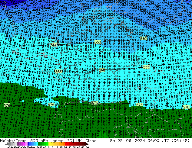 Yükseklik/Sıc. 500 hPa UK-Global Cts 08.06.2024 06 UTC