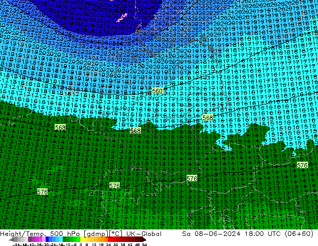 Height/Temp. 500 hPa UK-Global Sa 08.06.2024 18 UTC