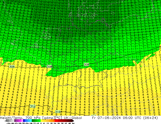 Géop./Temp. 700 hPa UK-Global ven 07.06.2024 06 UTC