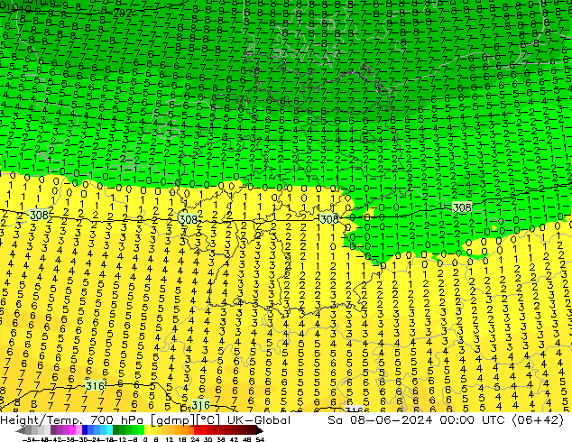 Hoogte/Temp. 700 hPa UK-Global za 08.06.2024 00 UTC