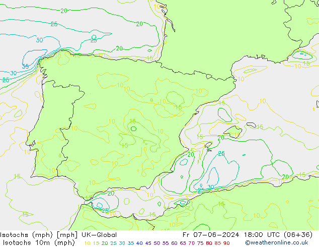 Isotachen (mph) UK-Global vr 07.06.2024 18 UTC