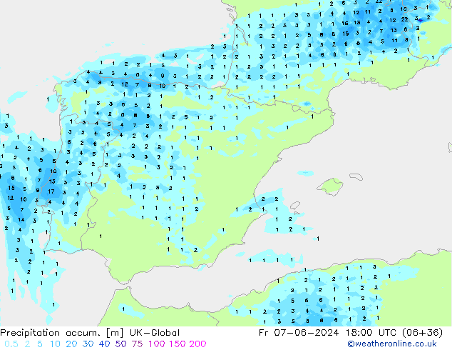 Totale neerslag UK-Global vr 07.06.2024 18 UTC