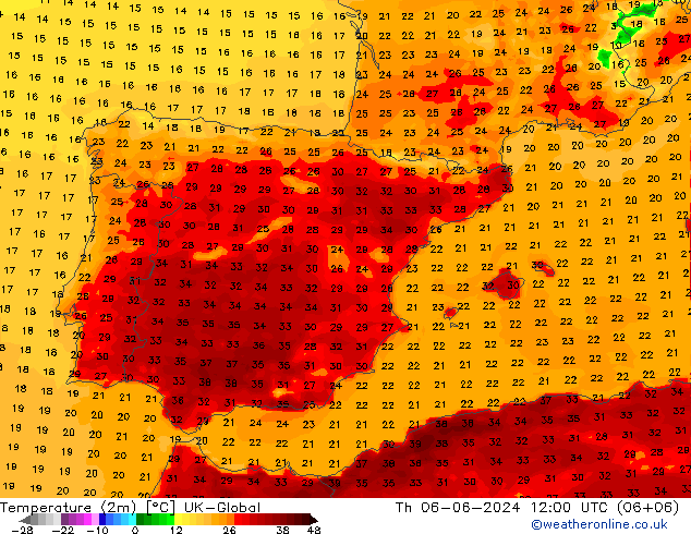 Temperatura (2m) UK-Global jue 06.06.2024 12 UTC