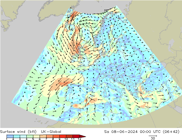 Wind 10 m (bft) UK-Global za 08.06.2024 00 UTC