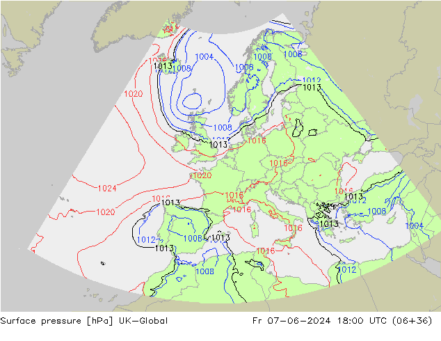 Pressione al suolo UK-Global ven 07.06.2024 18 UTC