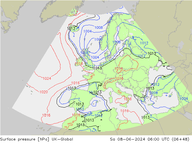 Atmosférický tlak UK-Global So 08.06.2024 06 UTC