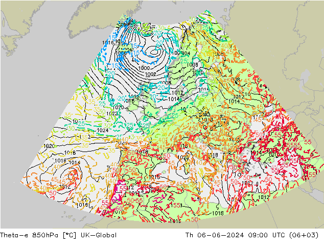 Theta-e 850hPa UK-Global gio 06.06.2024 09 UTC