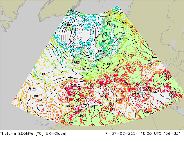 Theta-e 850hPa UK-Global vie 07.06.2024 15 UTC