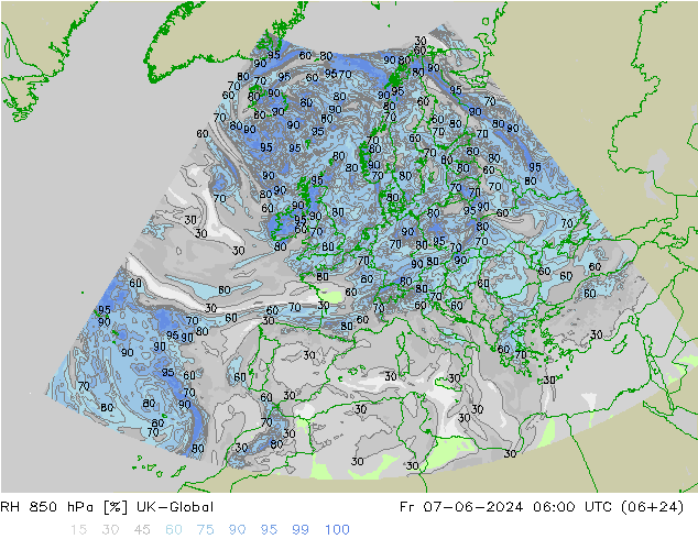 Humedad rel. 850hPa UK-Global vie 07.06.2024 06 UTC