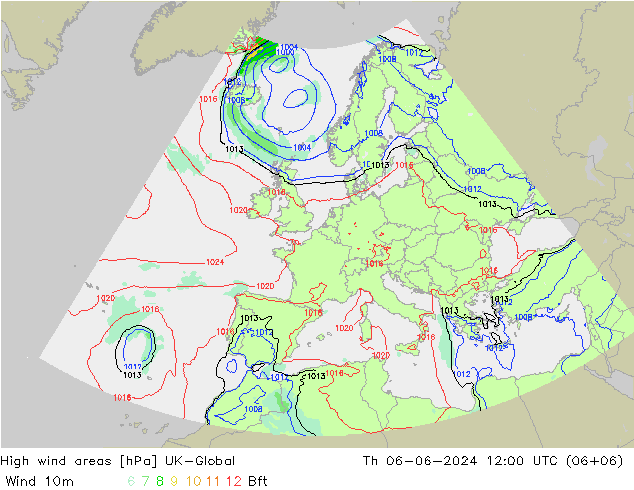 High wind areas UK-Global 星期四 06.06.2024 12 UTC