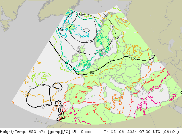 Height/Temp. 850 гПа UK-Global чт 06.06.2024 07 UTC