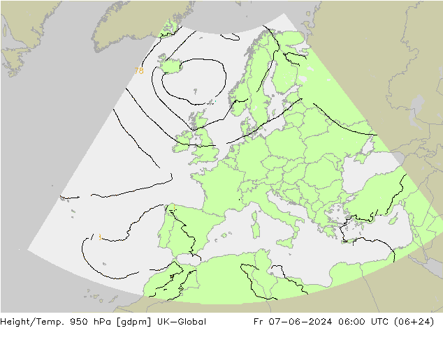 Height/Temp. 950 гПа UK-Global пт 07.06.2024 06 UTC