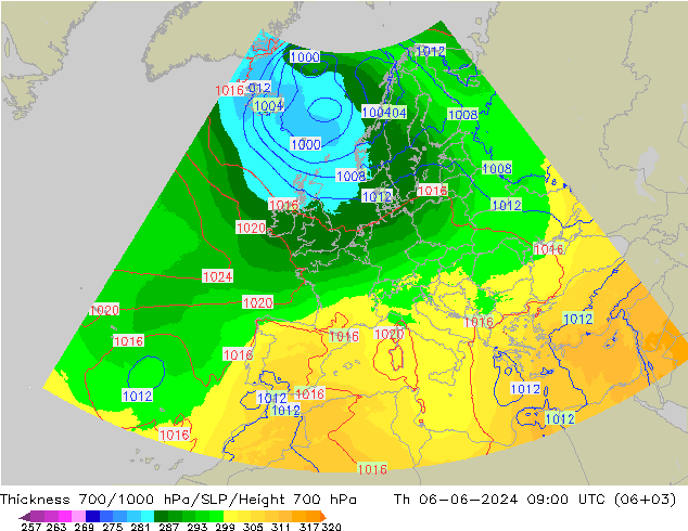 Thck 700-1000 hPa UK-Global Th 06.06.2024 09 UTC