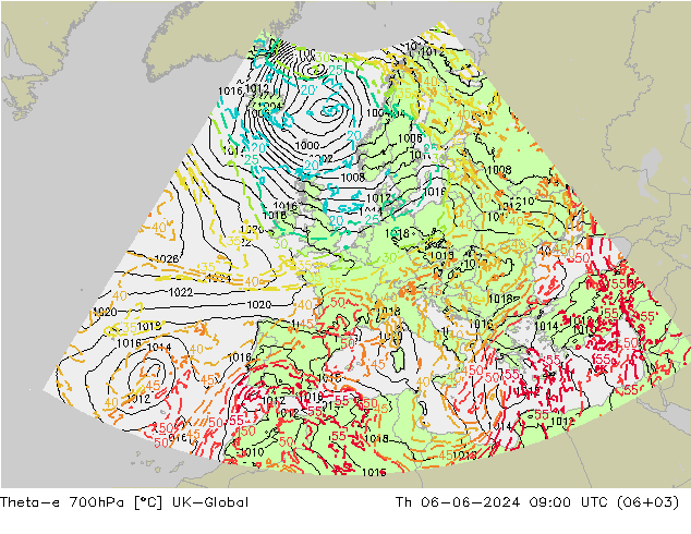 Theta-e 700hPa UK-Global Čt 06.06.2024 09 UTC