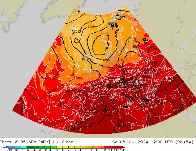 Theta-W 850hPa UK-Global Sa 08.06.2024 12 UTC