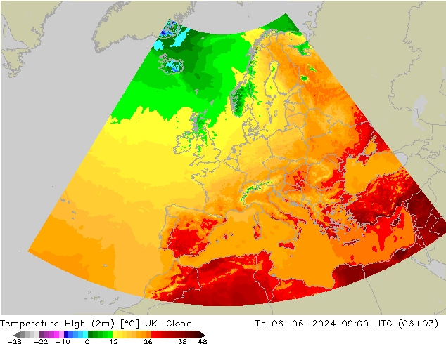 Nejvyšší teplota (2m) UK-Global Čt 06.06.2024 09 UTC