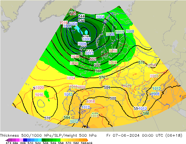 Dikte 500-1000hPa UK-Global vr 07.06.2024 00 UTC