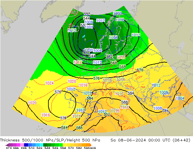 Schichtdicke 500-1000 hPa UK-Global Sa 08.06.2024 00 UTC