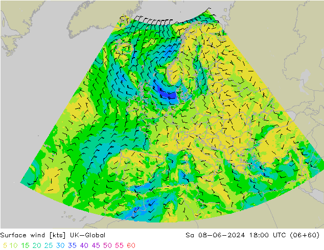 Surface wind UK-Global So 08.06.2024 18 UTC