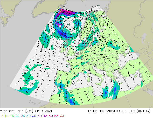 Wind 850 hPa UK-Global Čt 06.06.2024 09 UTC