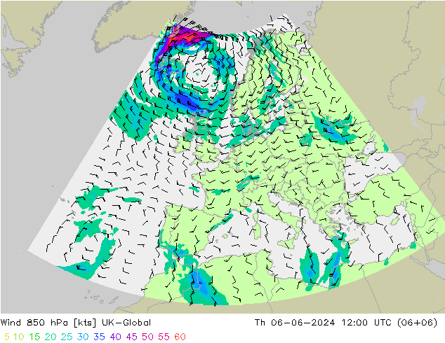 Wind 850 hPa UK-Global Do 06.06.2024 12 UTC