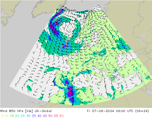 Wind 850 hPa UK-Global Fr 07.06.2024 06 UTC