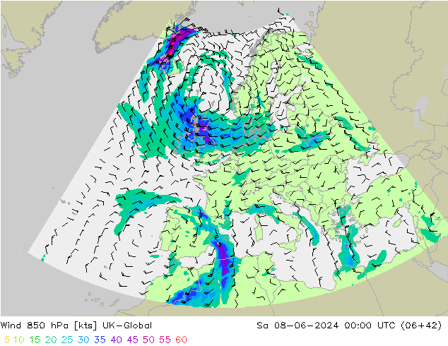 Wind 850 hPa UK-Global za 08.06.2024 00 UTC