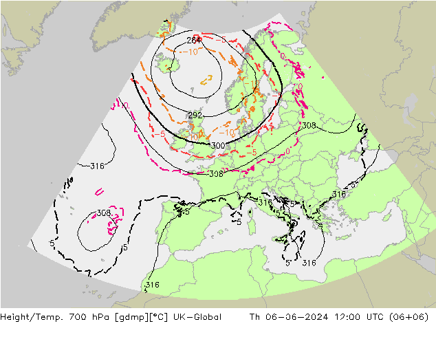 Height/Temp. 700 hPa UK-Global Qui 06.06.2024 12 UTC