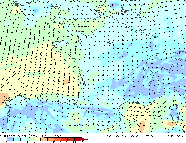 Wind 10 m (bft) UK-Global za 08.06.2024 18 UTC