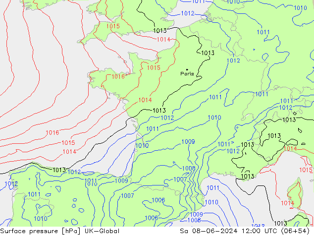 Pressione al suolo UK-Global sab 08.06.2024 12 UTC