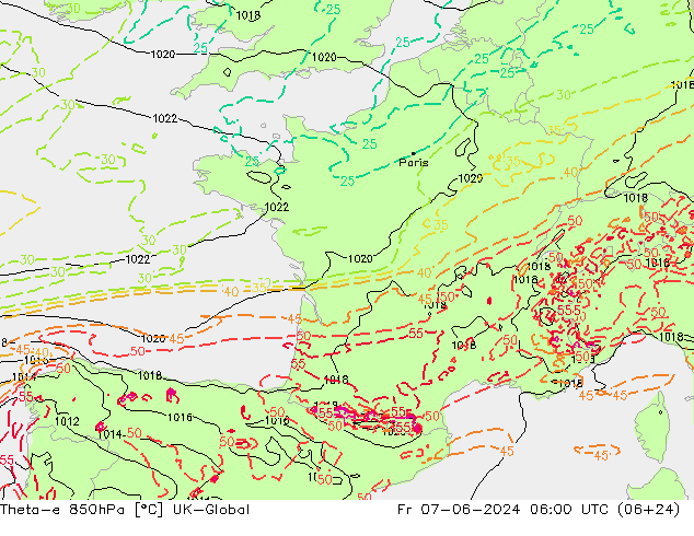 Theta-e 850гПа UK-Global пт 07.06.2024 06 UTC