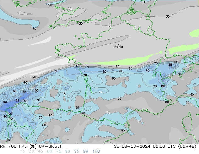 RH 700 hPa UK-Global sab 08.06.2024 06 UTC