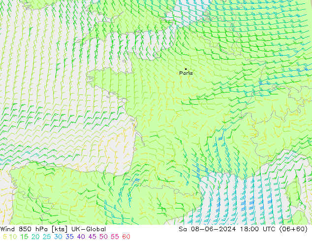 Vento 850 hPa UK-Global sab 08.06.2024 18 UTC