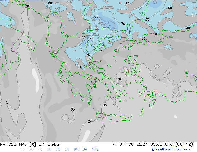 Humidité rel. 850 hPa UK-Global ven 07.06.2024 00 UTC