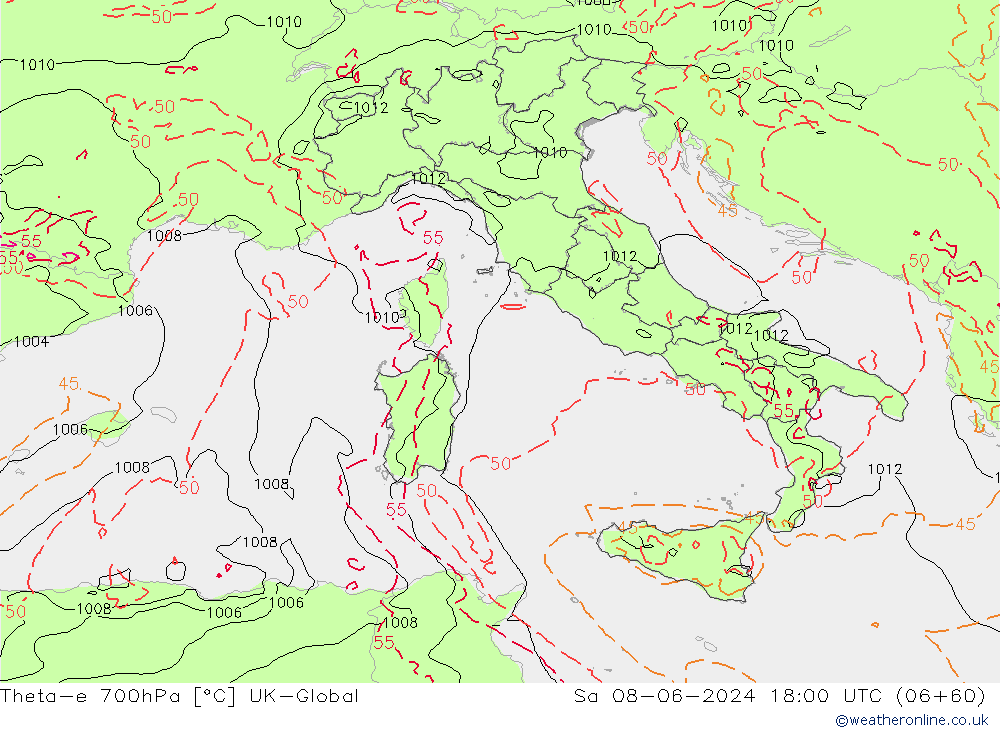 Theta-e 700hPa UK-Global So 08.06.2024 18 UTC