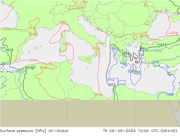 Presión superficial UK-Global jue 06.06.2024 12 UTC