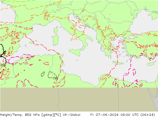 Height/Temp. 850 гПа UK-Global пт 07.06.2024 06 UTC