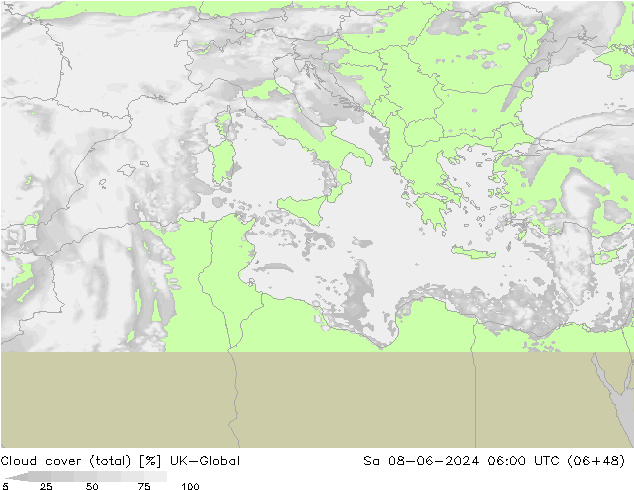 Bewolking (Totaal) UK-Global za 08.06.2024 06 UTC