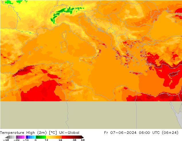 Temperature High (2m) UK-Global Fr 07.06.2024 06 UTC