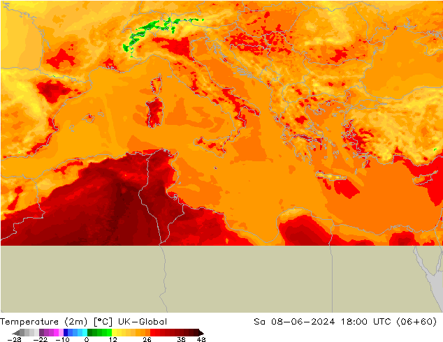 Temperatura (2m) UK-Global Sáb 08.06.2024 18 UTC