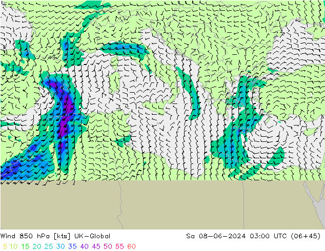 Vent 850 hPa UK-Global sam 08.06.2024 03 UTC