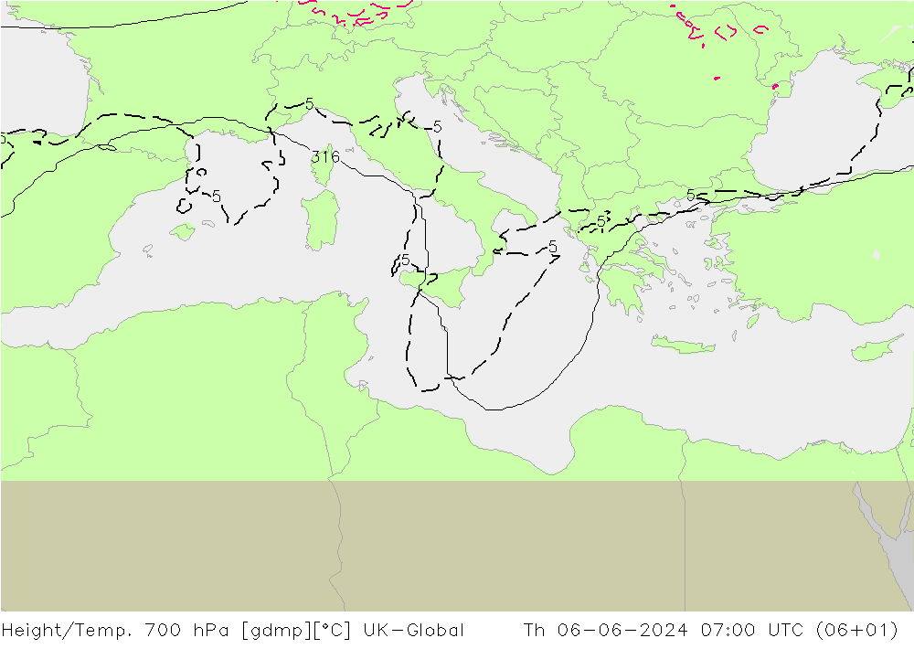 Géop./Temp. 700 hPa UK-Global jeu 06.06.2024 07 UTC