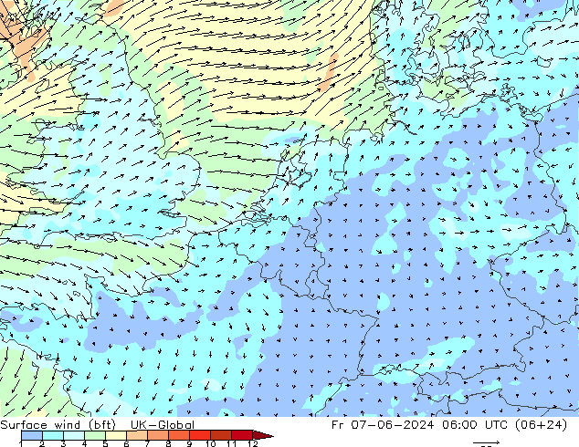 Surface wind (bft) UK-Global Fr 07.06.2024 06 UTC