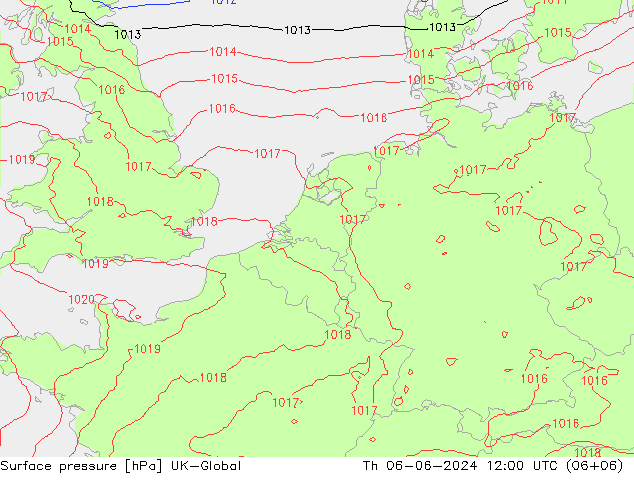 Pressione al suolo UK-Global gio 06.06.2024 12 UTC