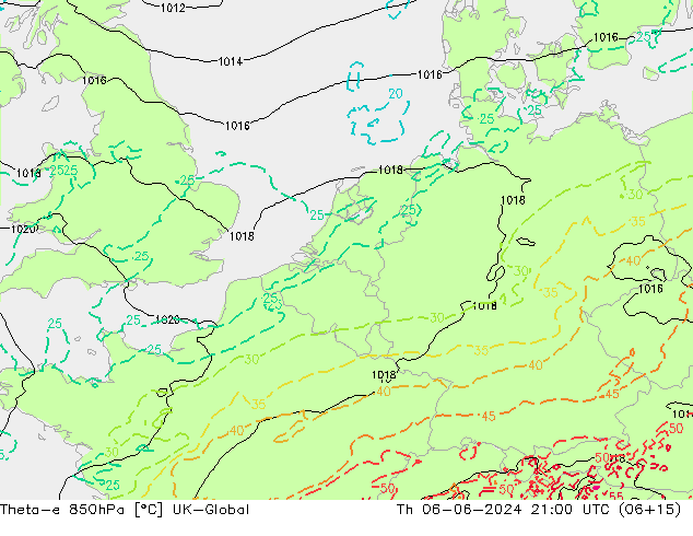 Theta-e 850hPa UK-Global Qui 06.06.2024 21 UTC