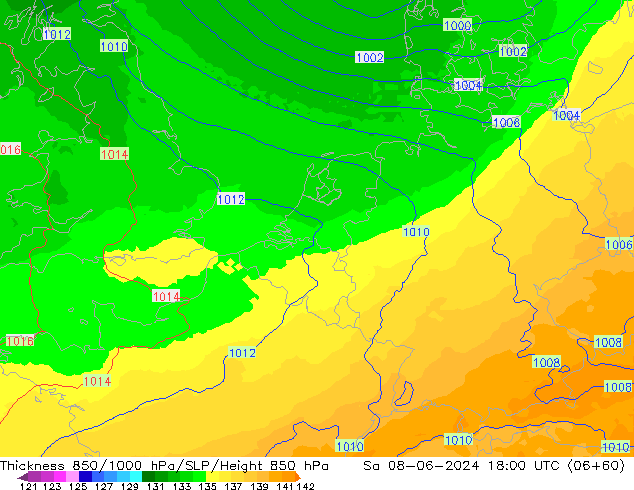 Thck 850-1000 hPa UK-Global sab 08.06.2024 18 UTC