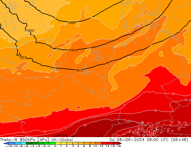 Theta-W 850hPa UK-Global za 08.06.2024 06 UTC